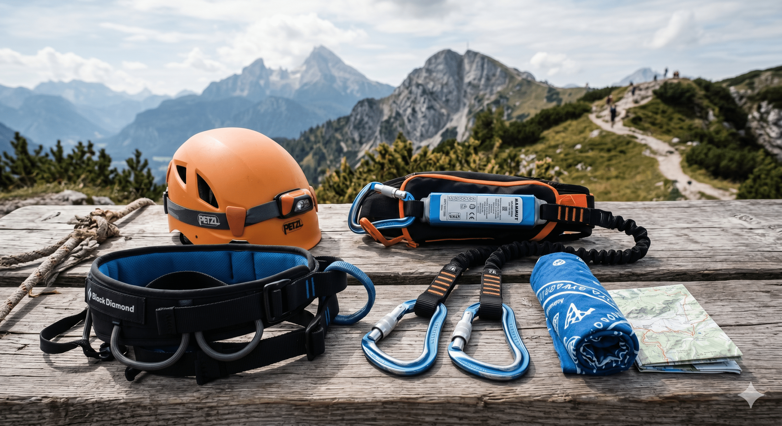 Professional via ferrata kit laid out on a wooden table in the mountains, including a climbing harness, helmet, lanyards, and carabiners.