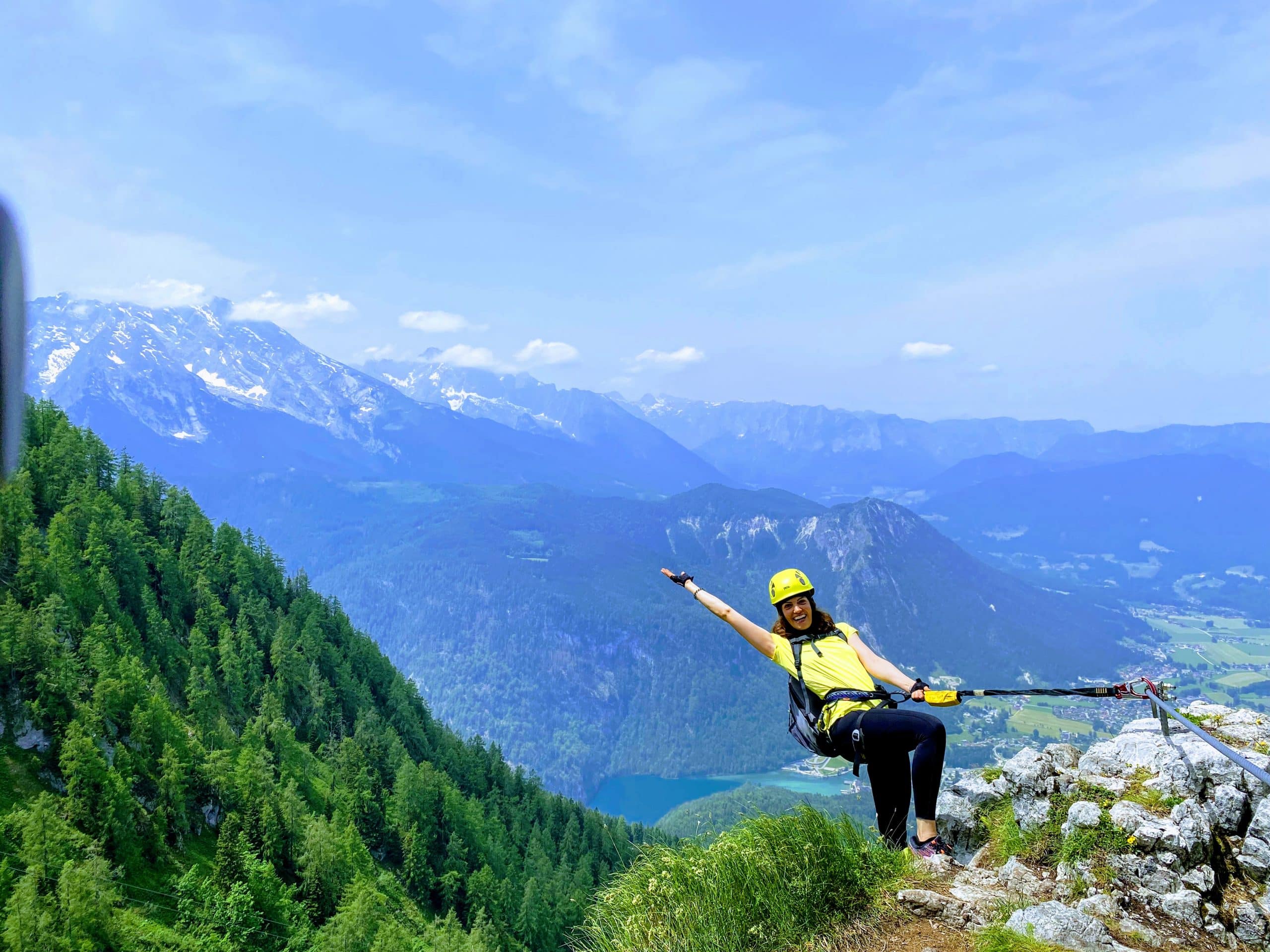 Exklusive Klettersteigführung am Jenner mit Alpin-Guide und Blick auf den Nationalpark Berchtesgaden.