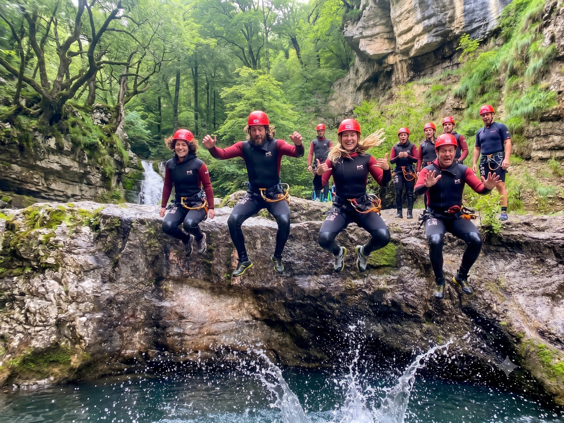 Happy group of friends wearing wetsuits and red helmets wading through a clear river during a canyoning tour in Golling, Salzburg.